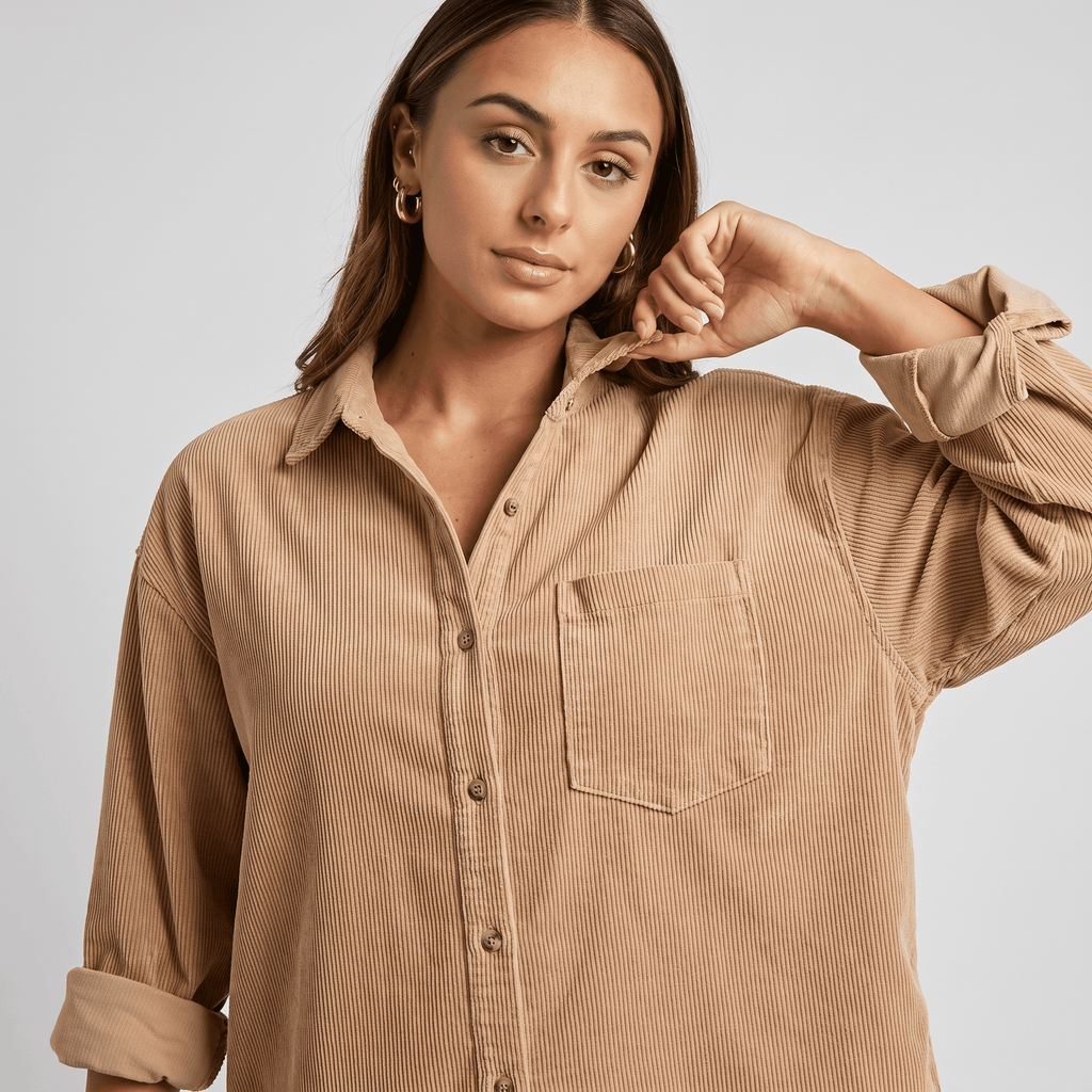 Beige fine wale corduroy button-down shirt with a relaxed fit, point collar, and chest pocket.