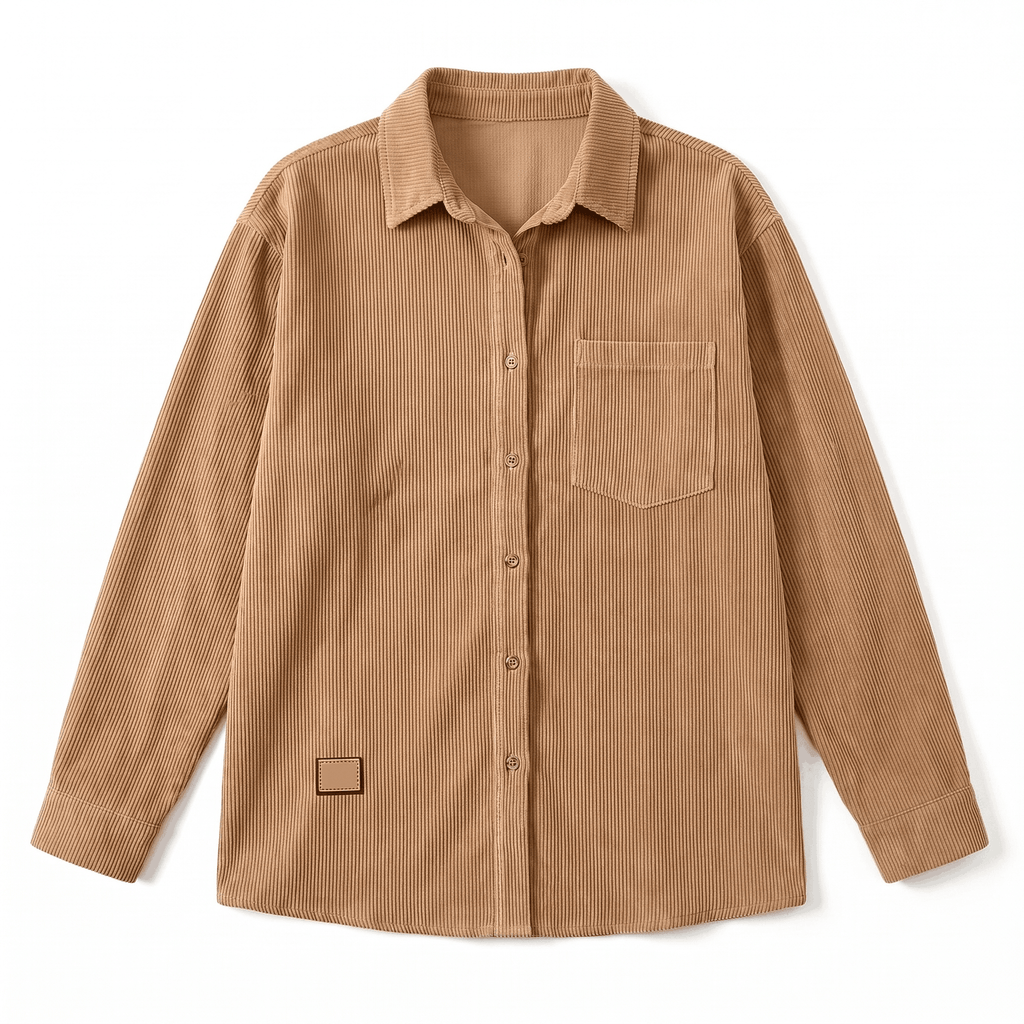 Beige fine wale corduroy button-down shirt with a relaxed fit, point collar, and single chest pocket.