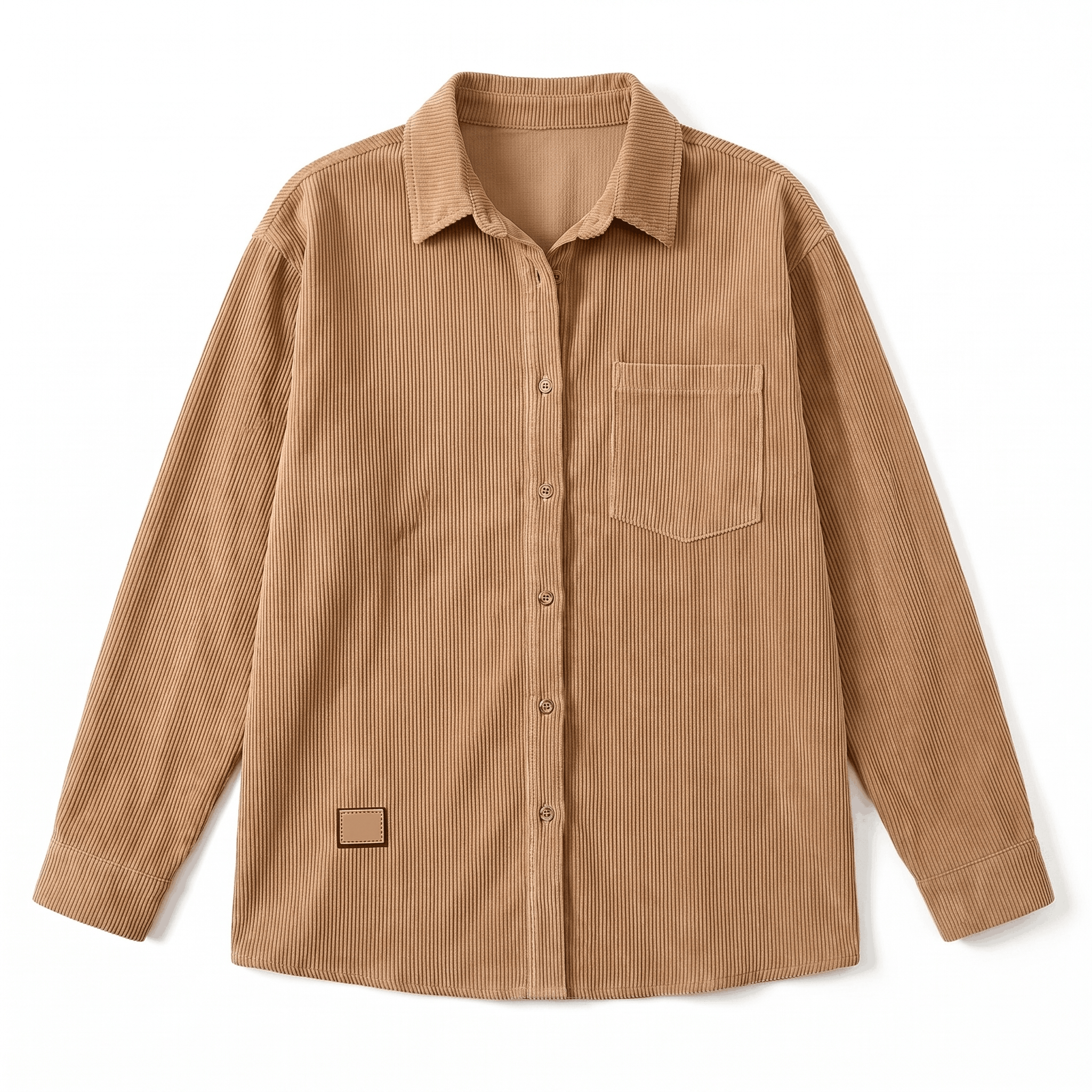 Beige fine wale corduroy button-down shirt with a relaxed fit, point collar, and single chest pocket.