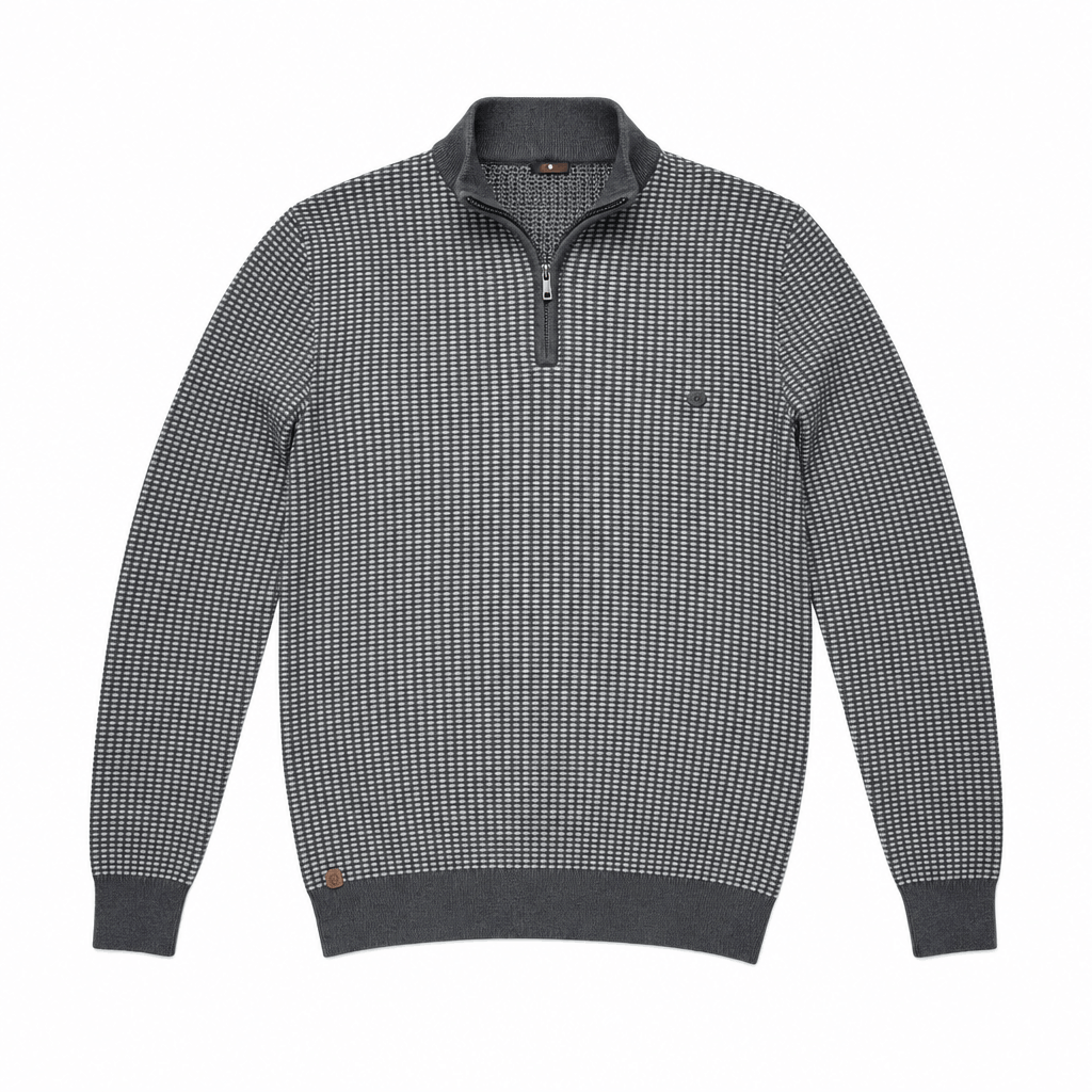 Medium gray textured half-zip sweater displayed on its own against a light background.