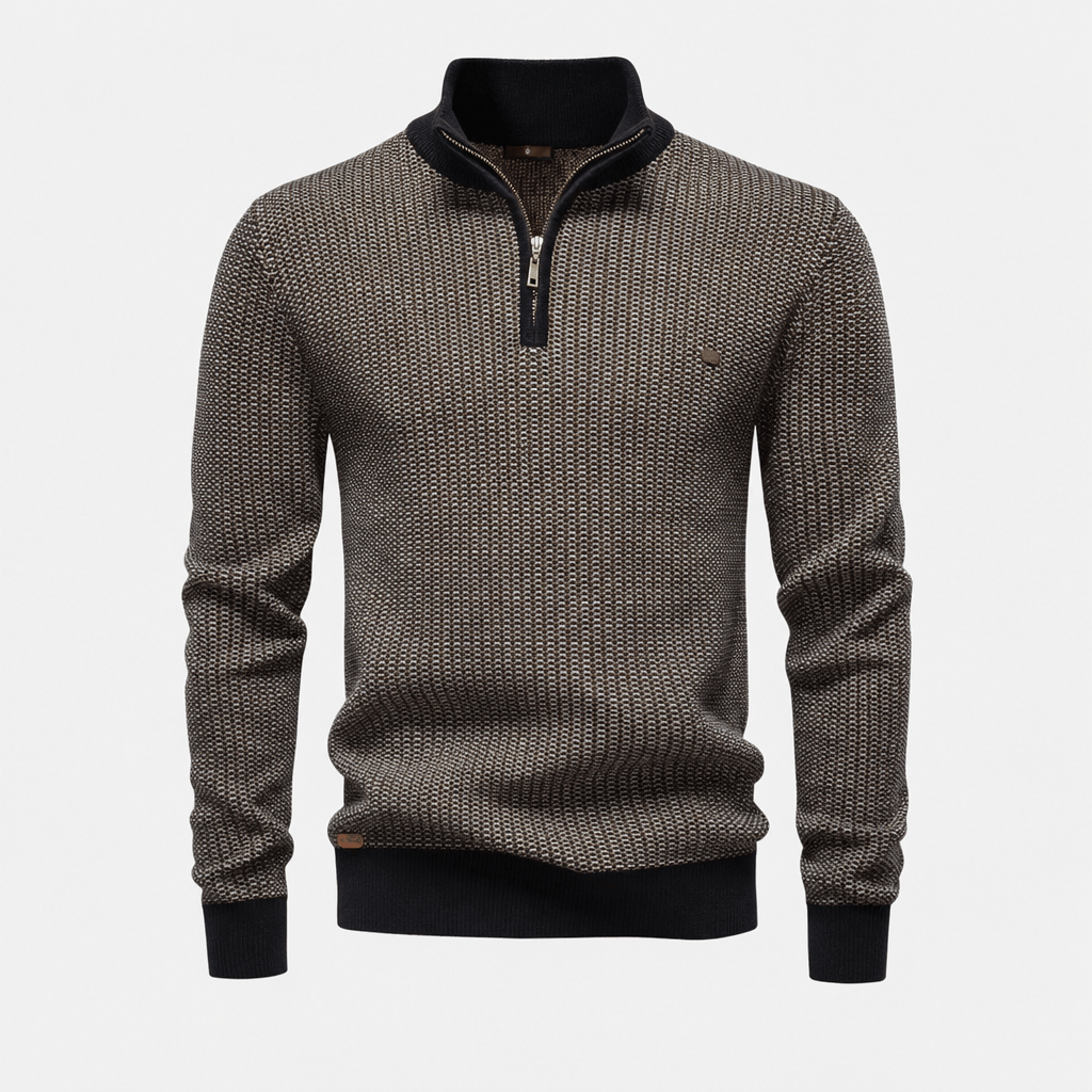 Dark gray textured half-zip sweater shown from the front, highlighting the half-zip collar and ribbed hem.