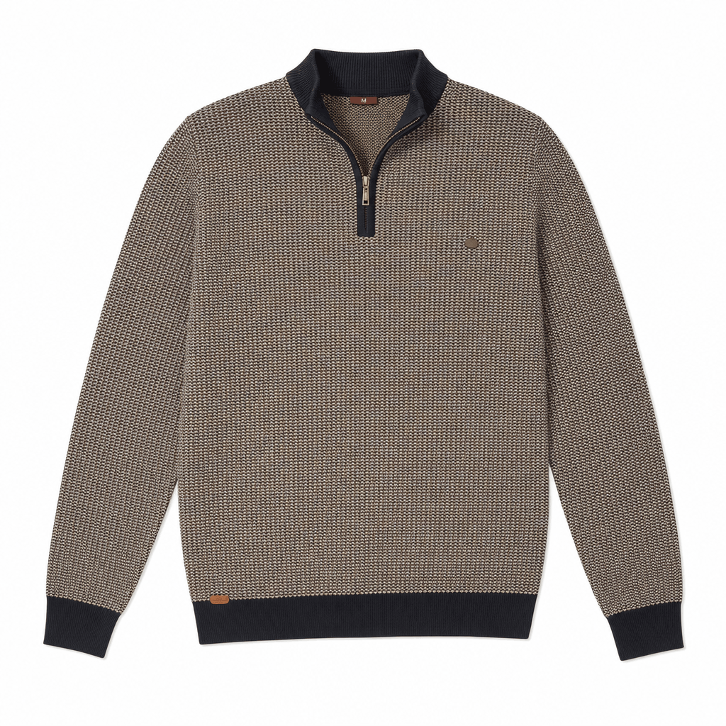 Dark gray textured half-zip sweater displayed on its own against a light background.