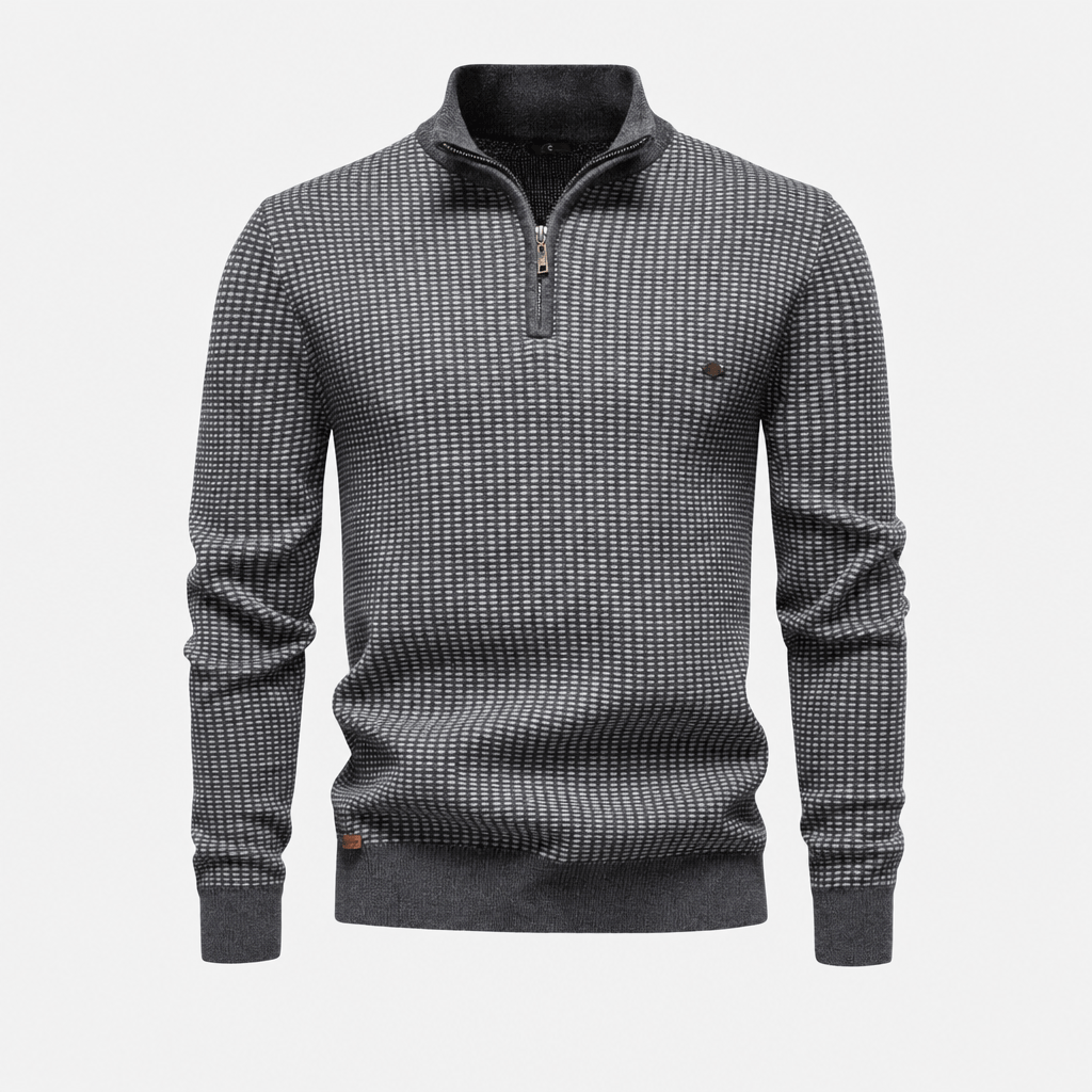 Medium gray textured half-zip sweater displayed on its own against a light background.