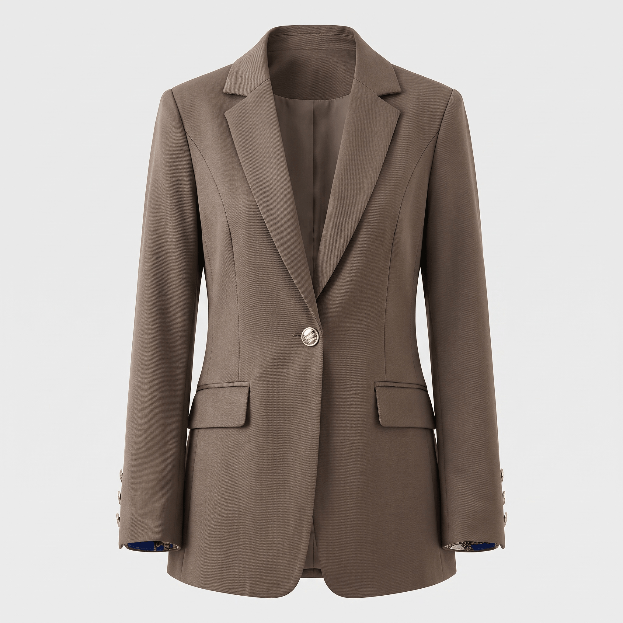 Taupe brown tailored blazer with notched lapels, single-button closure, flap pockets, and long sleeves.