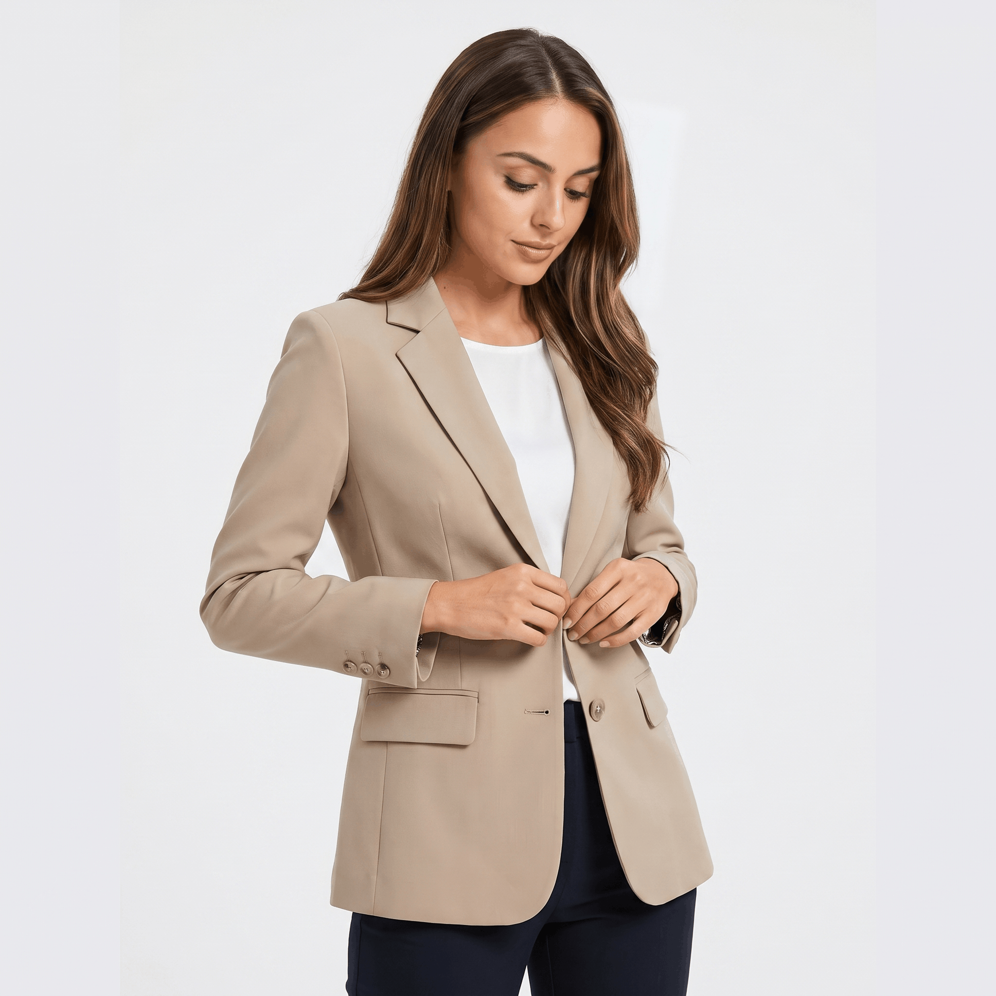 Female model wearing a beige tailored blazer with notched lapels and a single-button closure.