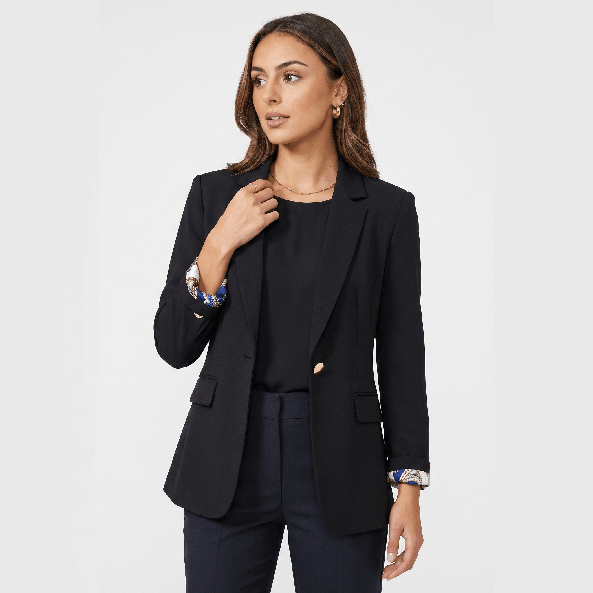 Noemi Single Button Blazer – Lightweight Notch Lapel Printed Cuff Facing Suit Jacket