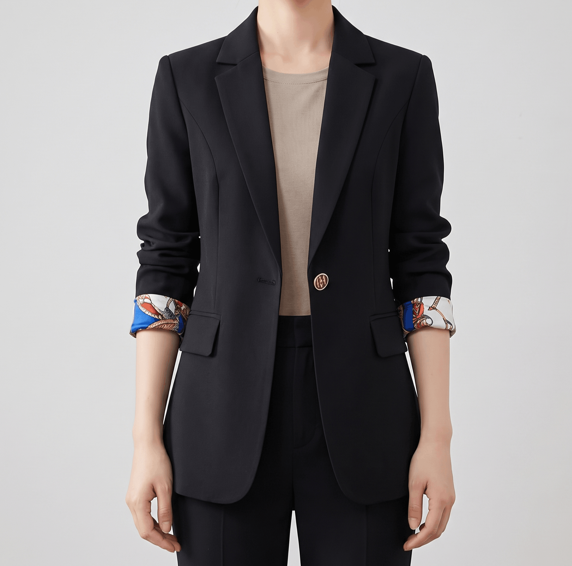 Noemi Single Button Blazer – Lightweight Notch Lapel Printed Cuff Facing Suit Jacket