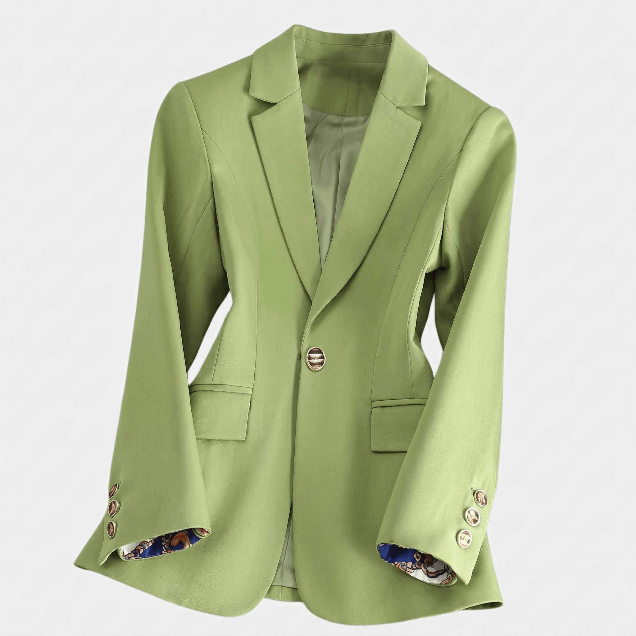 Light green tailored blazer with notched lapels, single-button closure, flap pockets, and long sleeves.