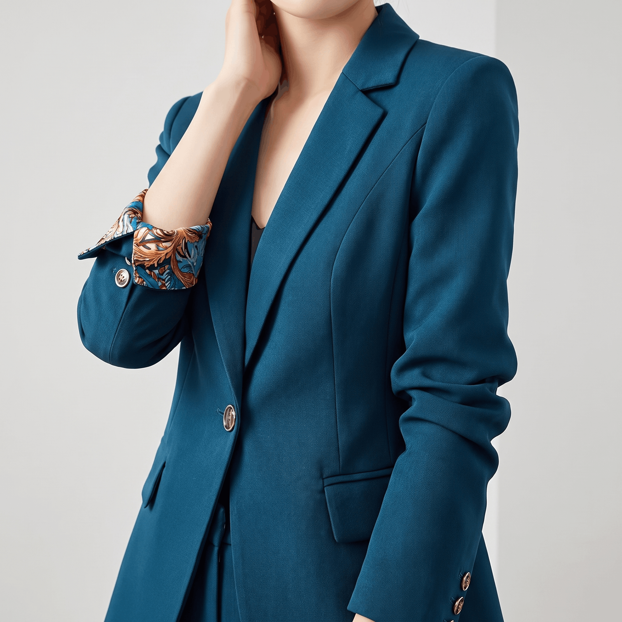 Close-up of the teal blue blazer showing the sleeve, lapel, button closure, and patterned cuff detail.
