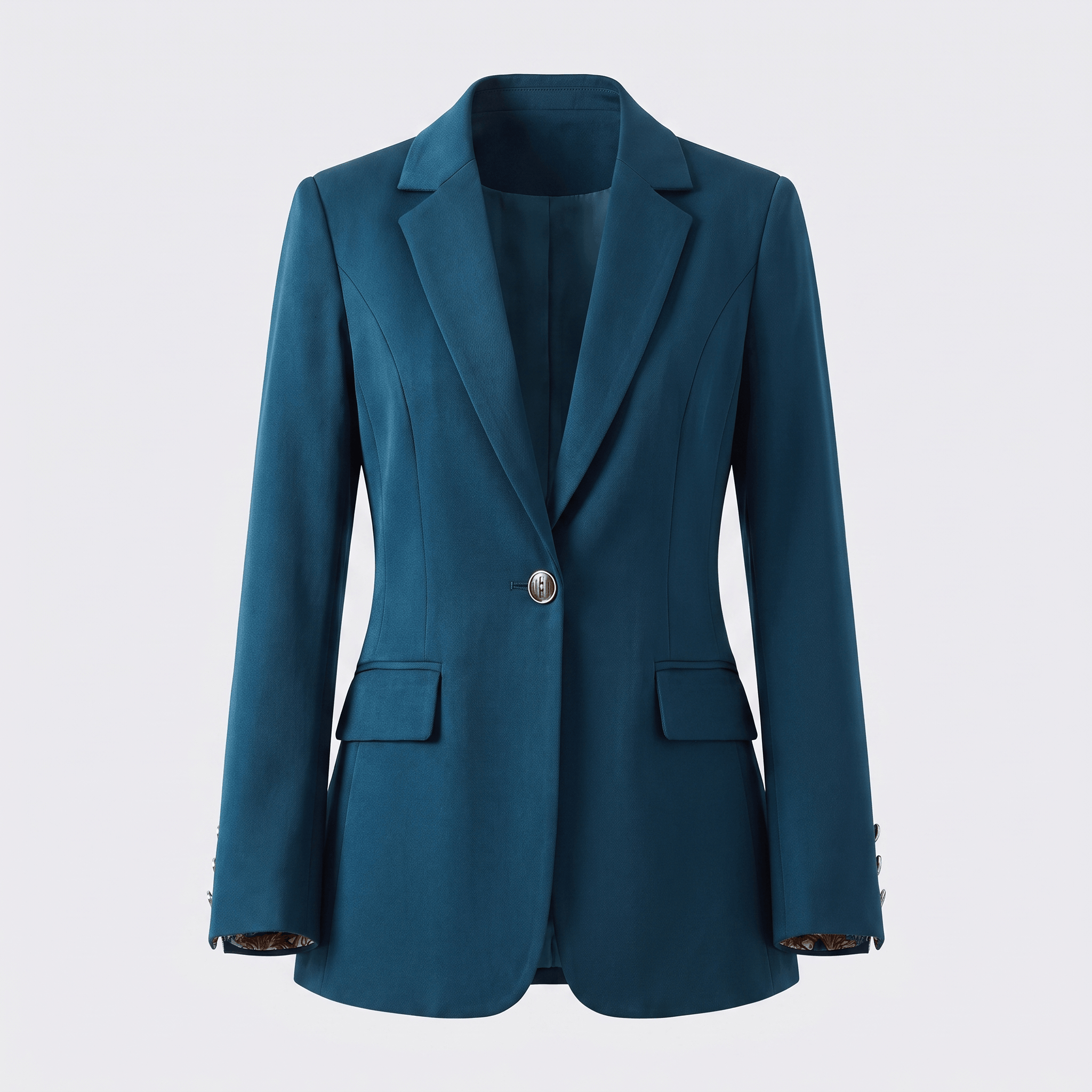 Teal blue tailored blazer with notched lapels, single-button closure, flap pockets, and long sleeves.