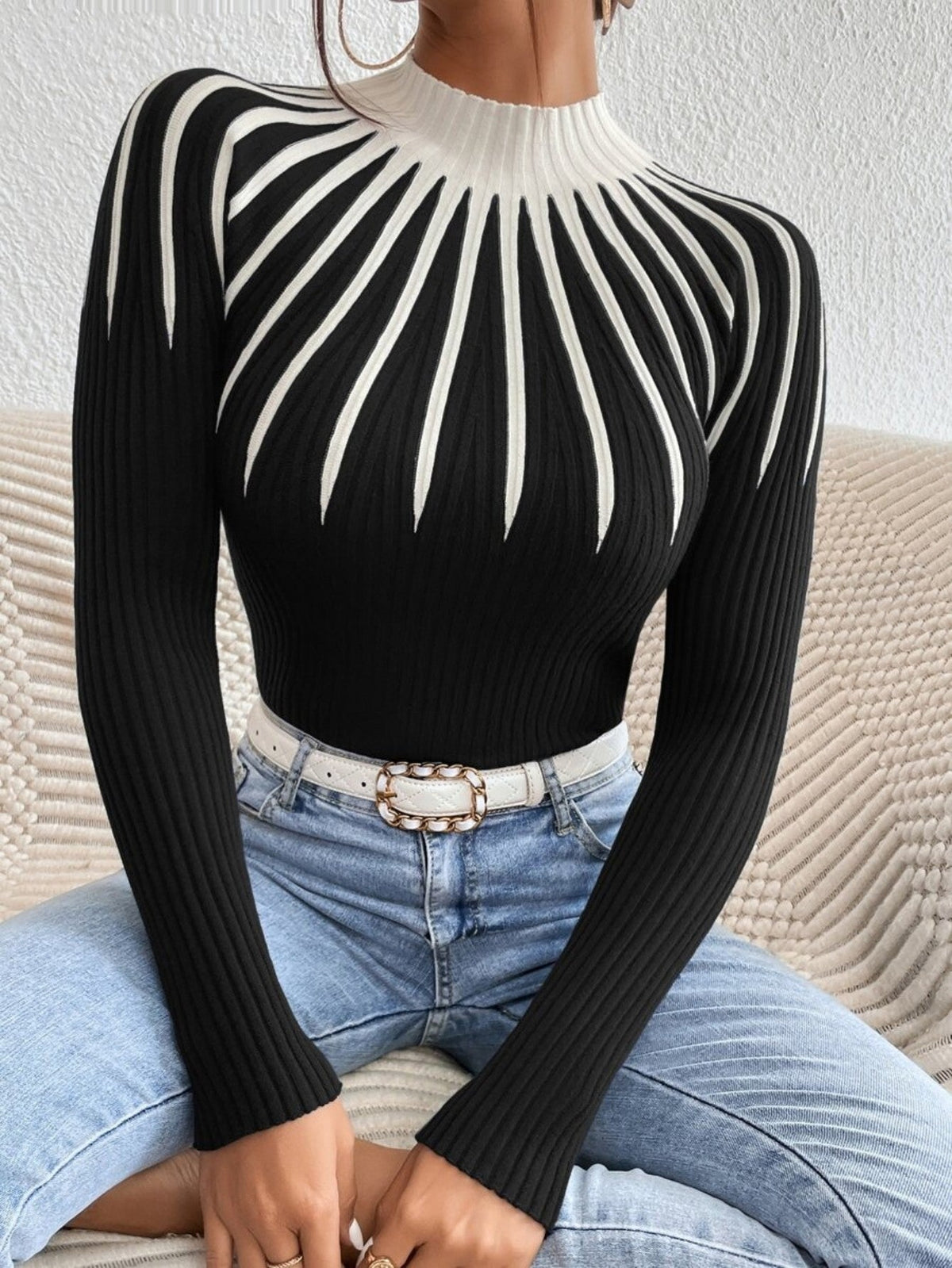 Alona Women's Ribbed Knit High Neck Slim Fit Sweater Pullover