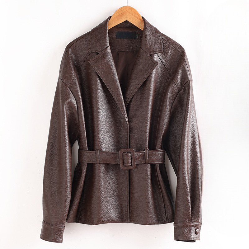 Bea Women's Retro Belted Sheepskin Leather Jacket – Stylish Outerwear