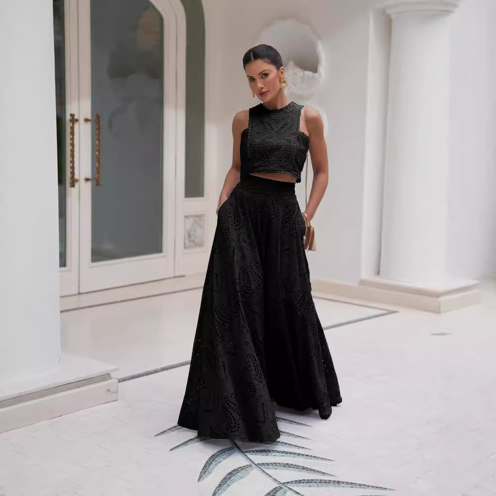 Clara Paris Embroidered Lace Ensemble – Romantic Summer Two-Piece Vest & Maxi Skirt Set