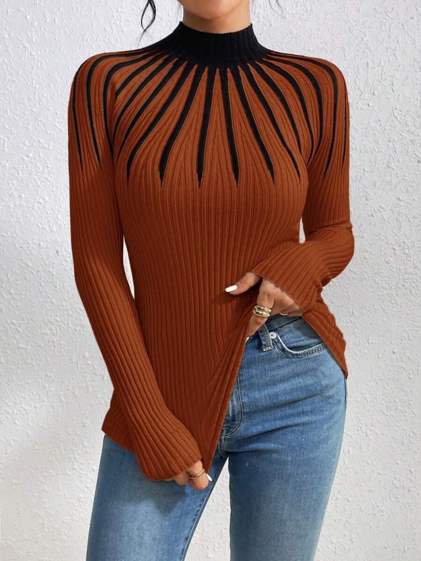 Alona Women's Ribbed Knit High Neck Slim Fit Sweater Pullover