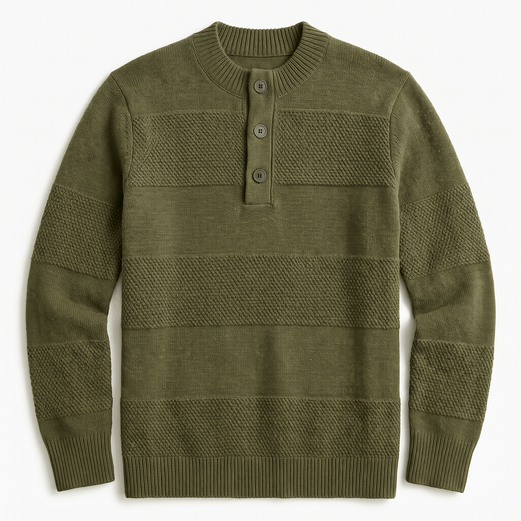 Olive green chunky knit henley sweater with alternating smooth and raised textured stripes and a three-button placket.