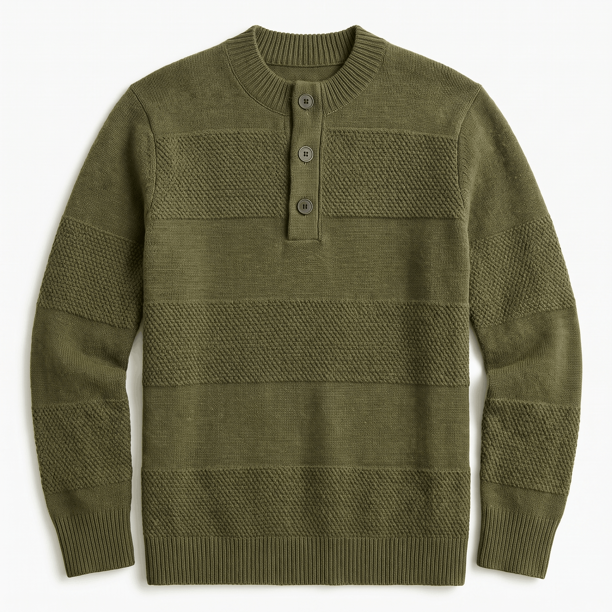 Olive green chunky knit henley sweater with alternating smooth and raised textured stripes and a three-button placket.