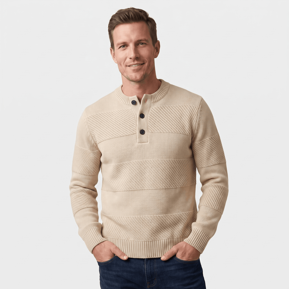 Beige chunky knit henley sweater featuring alternating smooth and raised textured stripes and a three-button placket.