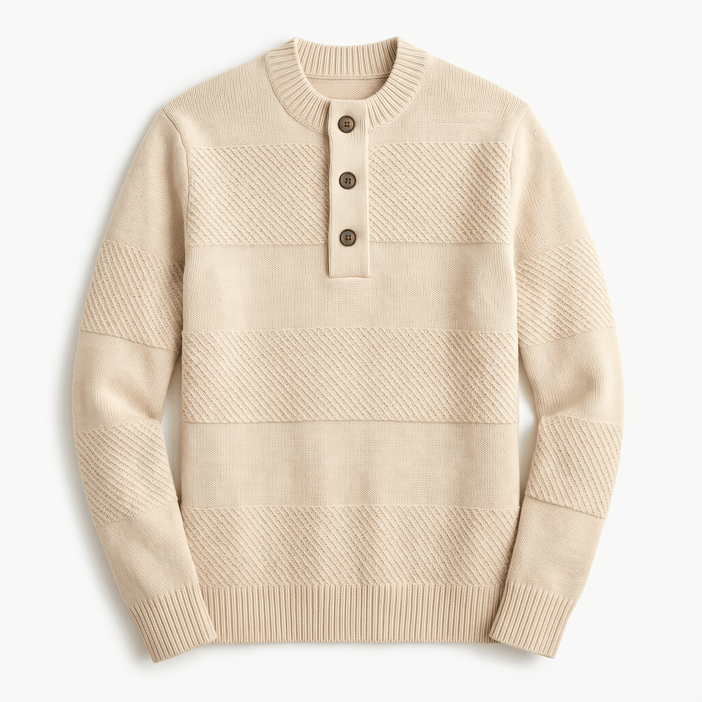 Beige chunky knit henley sweater featuring alternating smooth and textured diagonal stripes with a three-button placket.