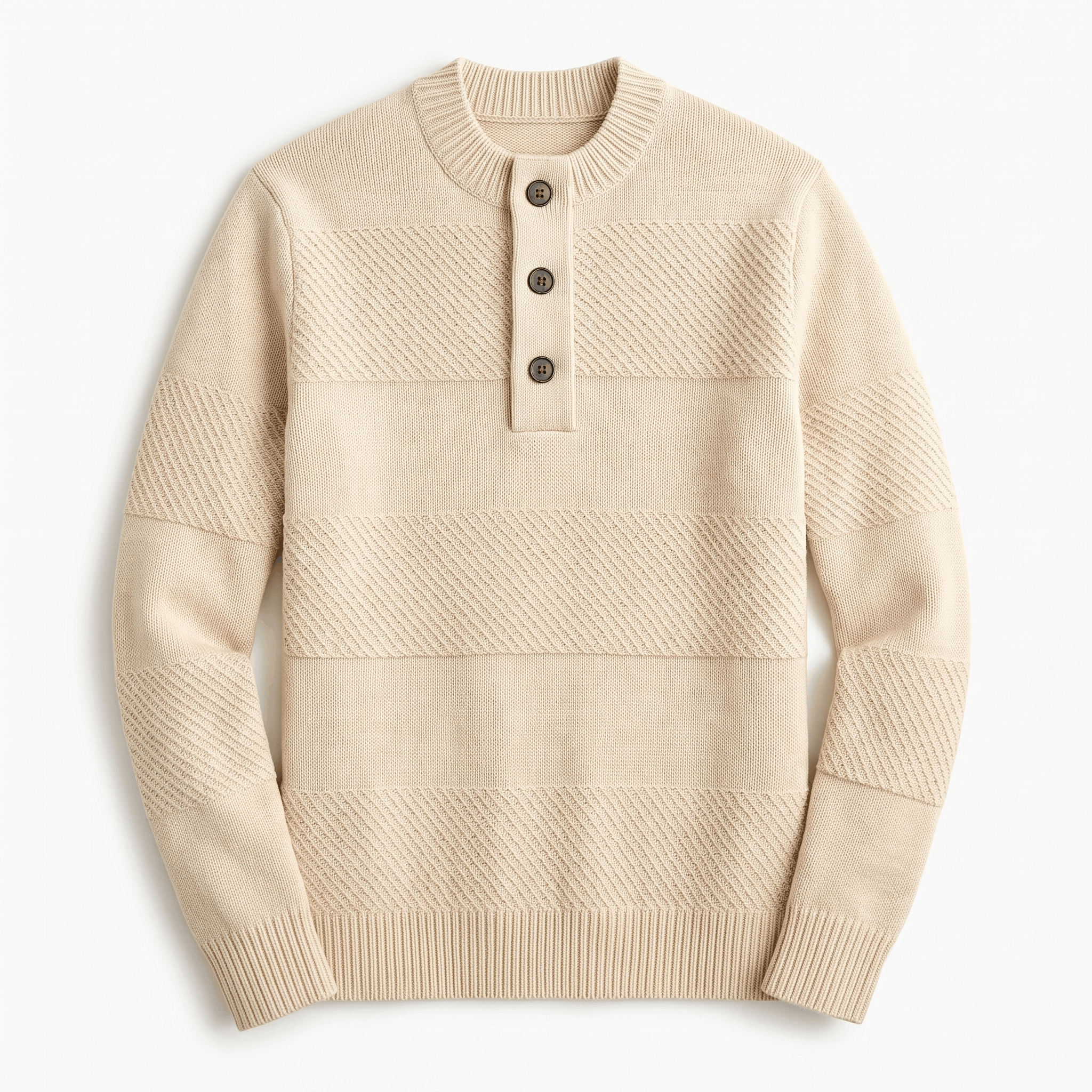 Beige chunky knit henley sweater featuring alternating smooth and textured diagonal stripes with a three-button placket.