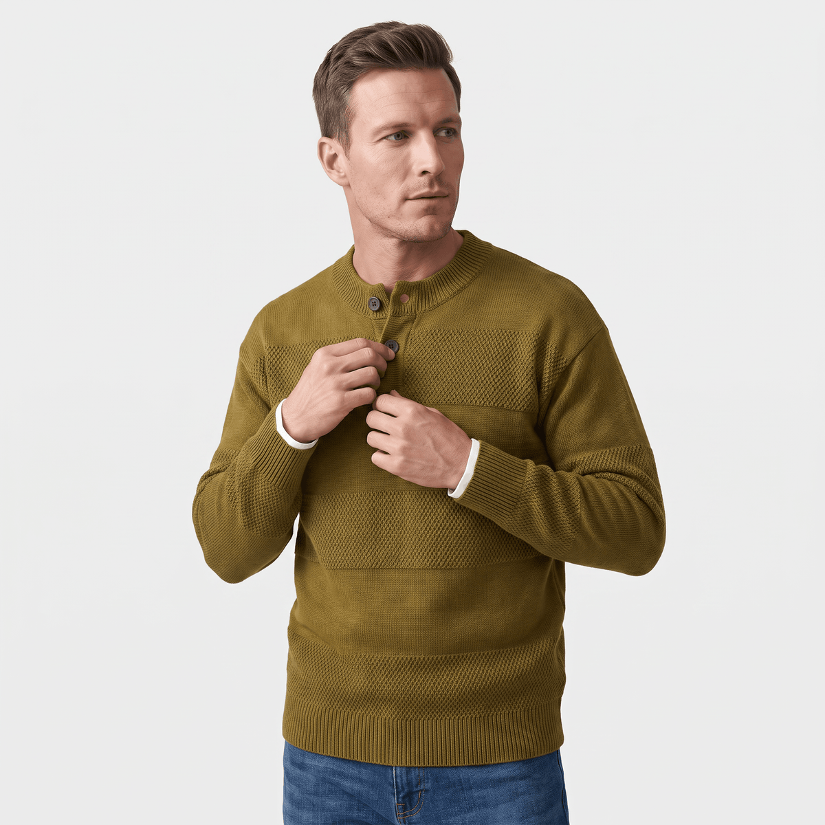 Olive green chunky knit henley sweater with alternating textured stripes, three-button placket, and ribbed trim.
