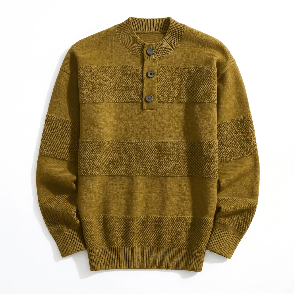 Olive chunky knit henley sweater featuring alternating smooth and raised textured stripes with a three-button placket.