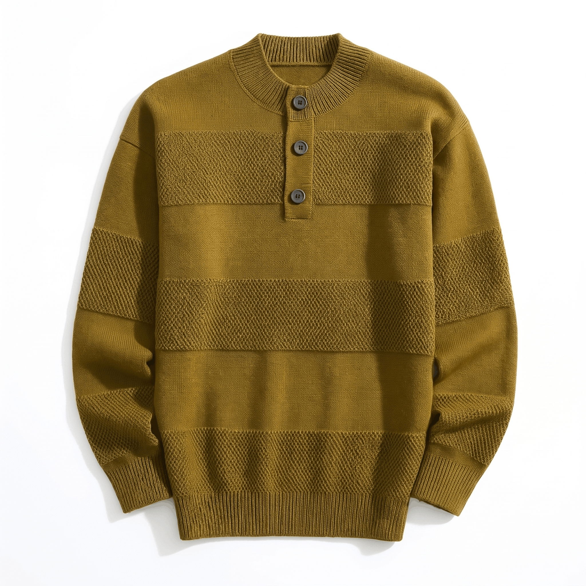 Olive chunky knit henley sweater featuring alternating smooth and raised textured stripes with a three-button placket.