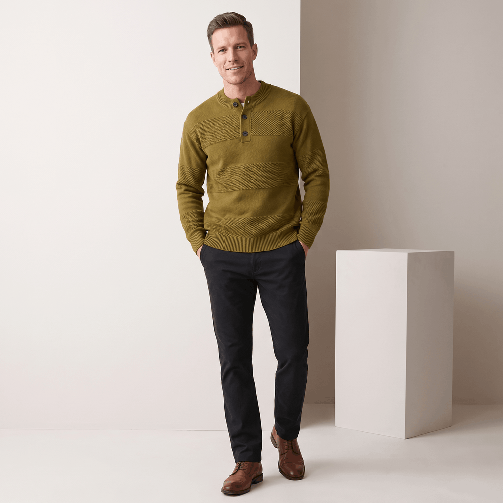 Olive green chunky knit henley sweater with textured horizontal stripes, three-button placket, and ribbed trim.