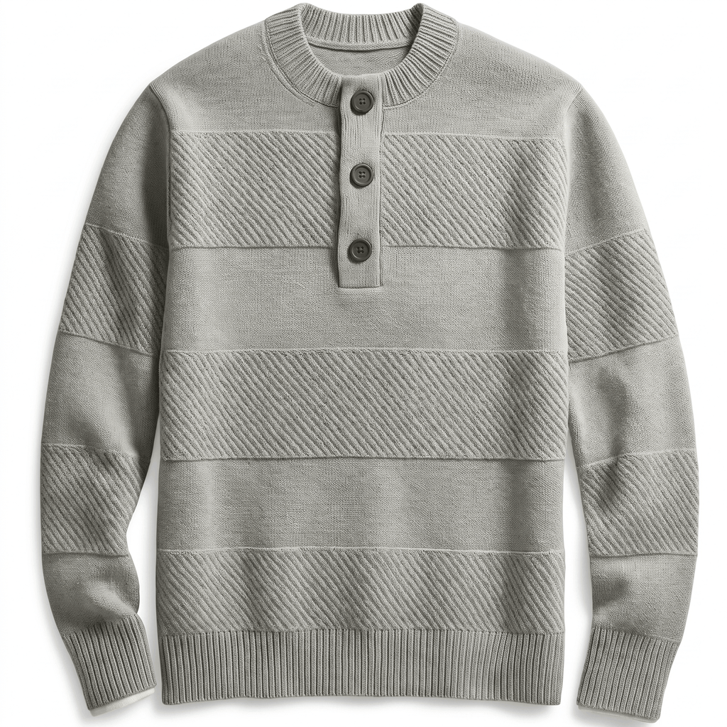 Grey chunky knit henley sweater featuring alternating smooth and raised textured stripes and a three-button placket.
