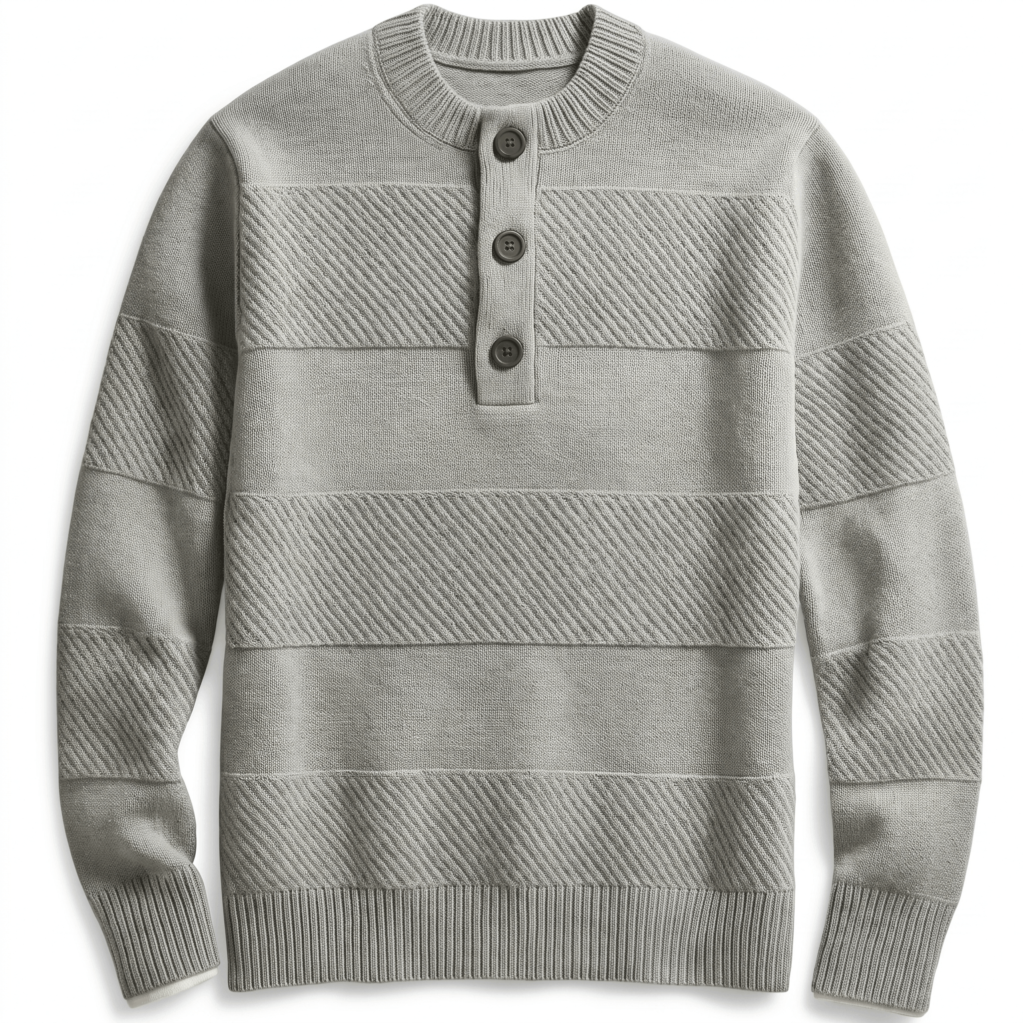 Grey chunky knit henley sweater featuring alternating smooth and raised textured stripes and a three-button placket.