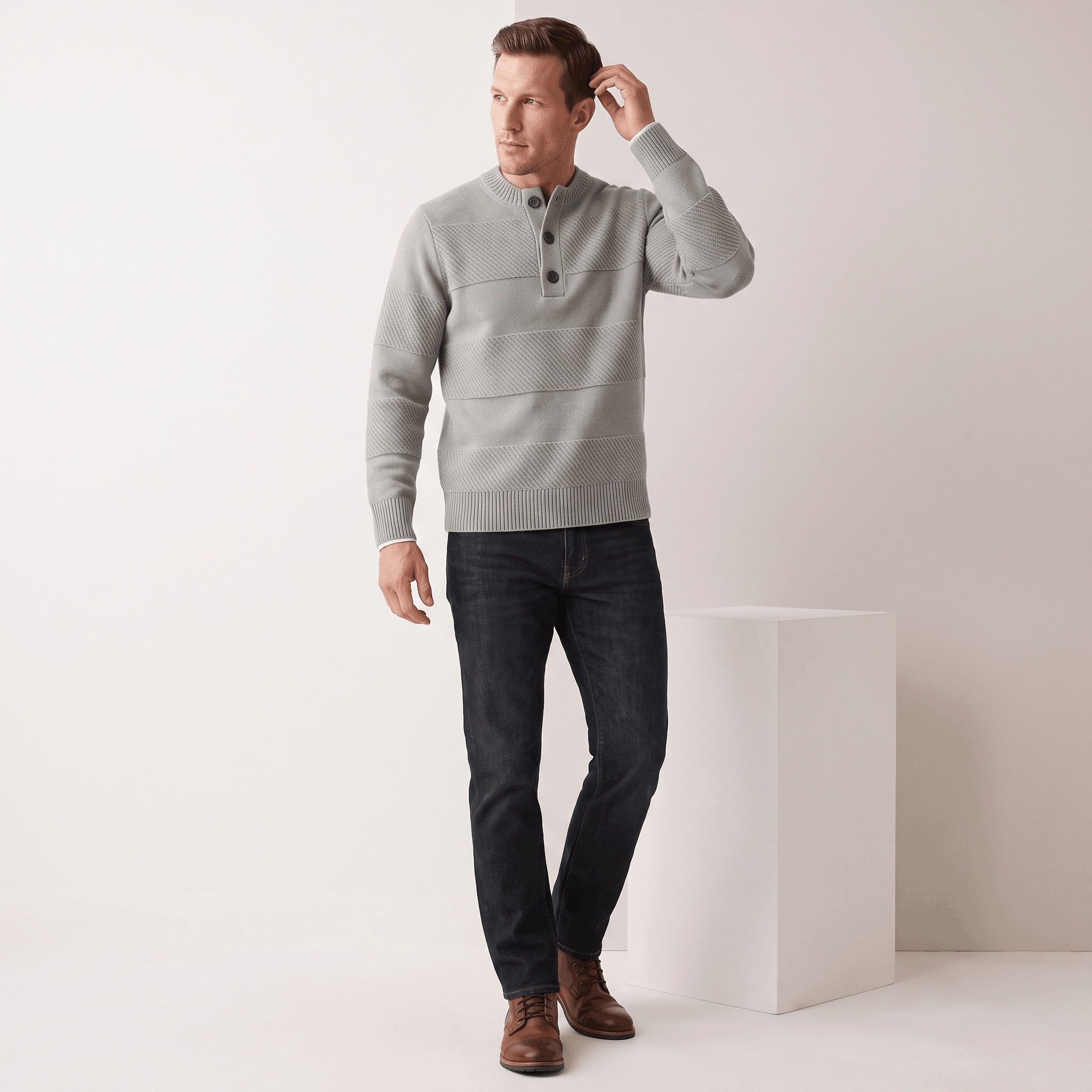 Grey chunky knit henley sweater with textured horizontal stripes, three-button placket, and ribbed trim, worn with dark jeans.