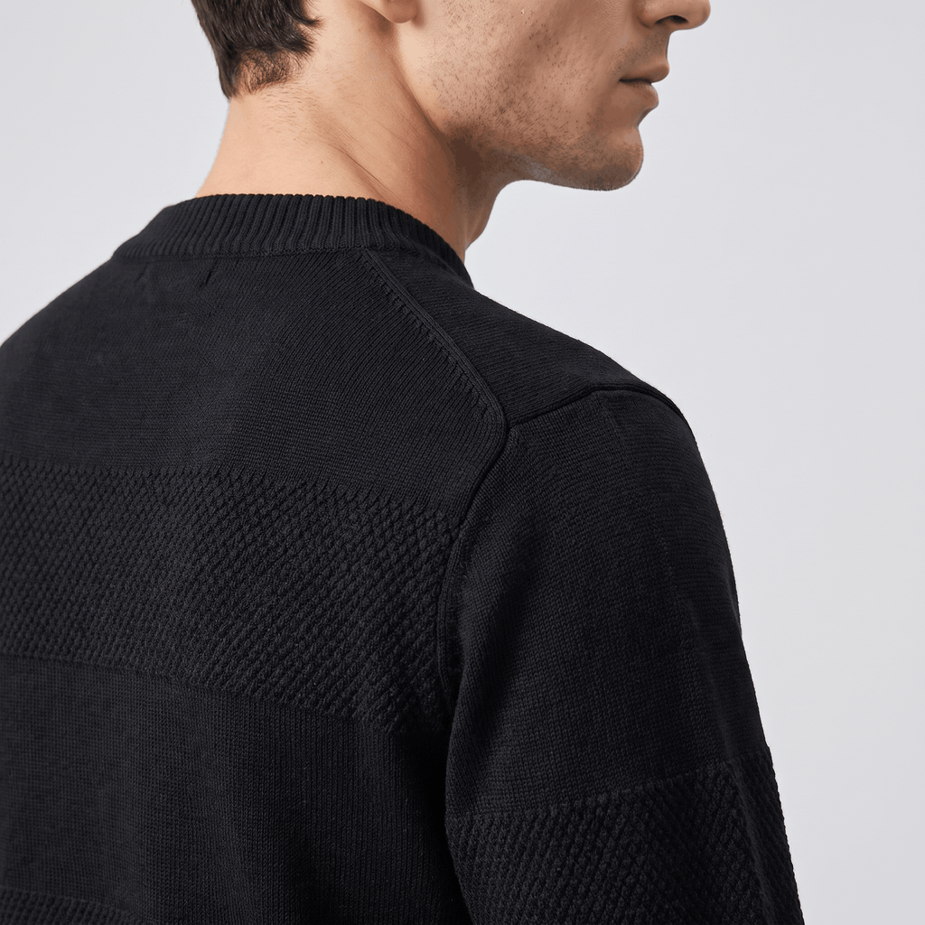 Black chunky knit henley sweater featuring alternating smooth and raised textured stripes with a ribbed crew neckline.