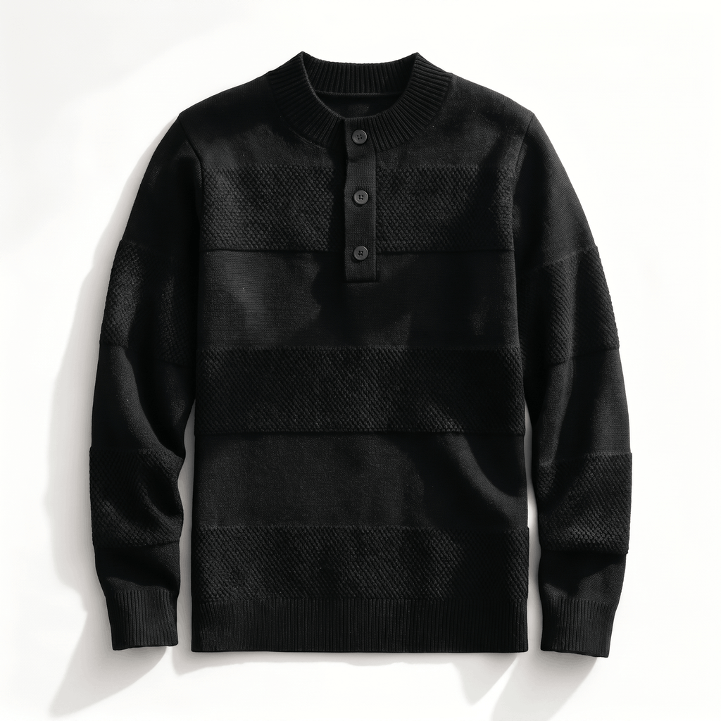 Black chunky knit henley sweater featuring alternating smooth and raised textured stripes, three-button placket, and ribbing.