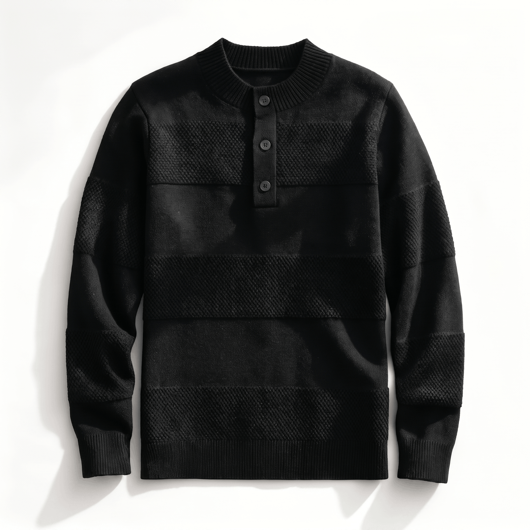 Black chunky knit henley sweater featuring alternating smooth and raised textured stripes, three-button placket, and ribbing.