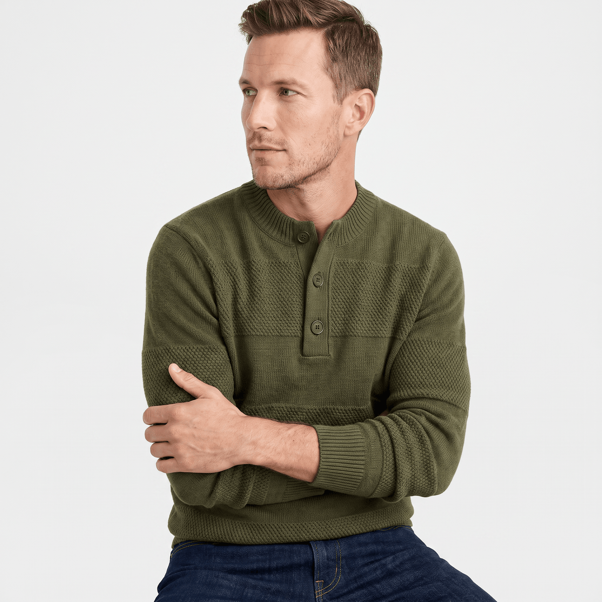 Olive green chunky knit henley sweater with textured horizontal stripes, three-button placket, and ribbed trim.