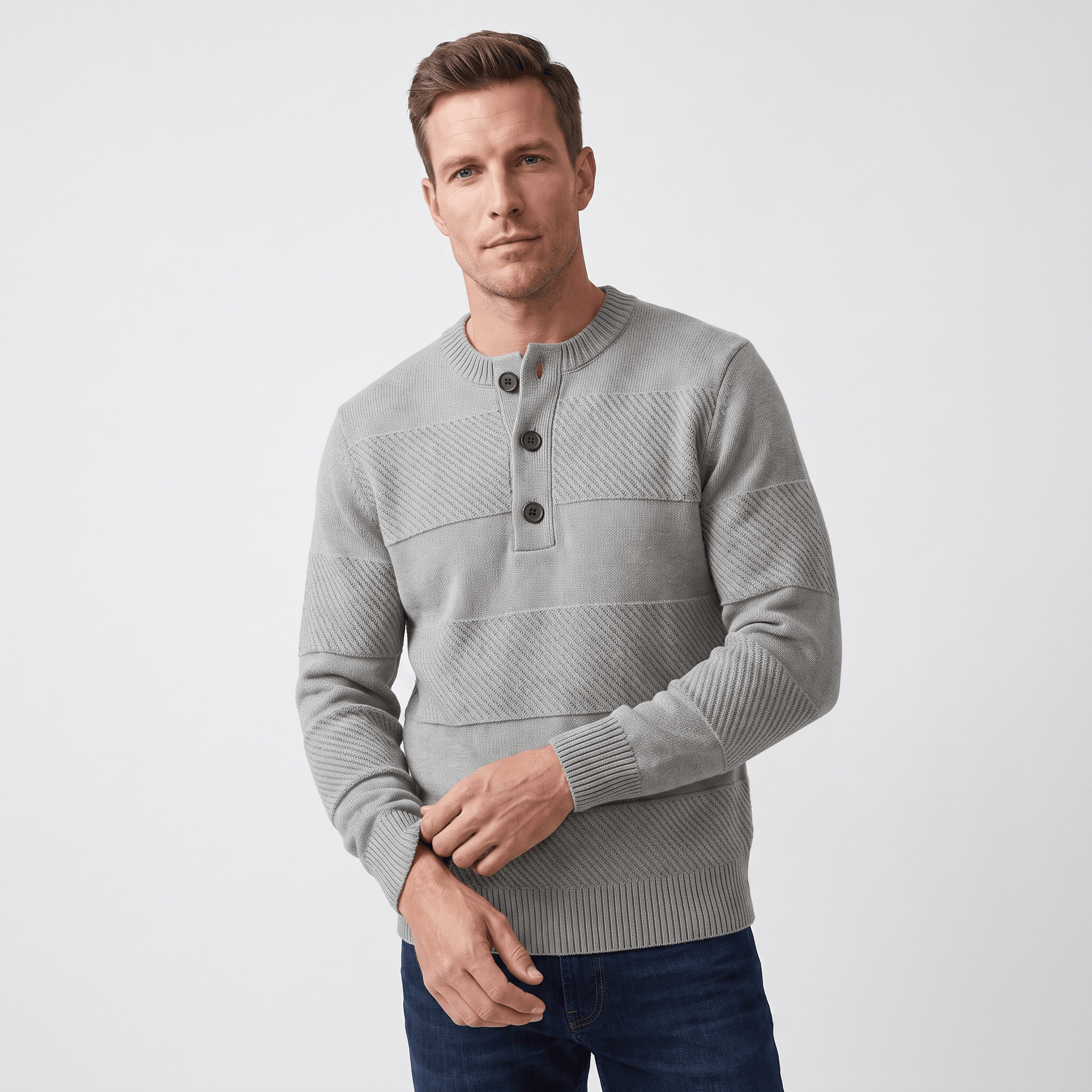 Grey chunky knit henley sweater featuring alternating textured stripes, a three-button placket, and ribbed trim.