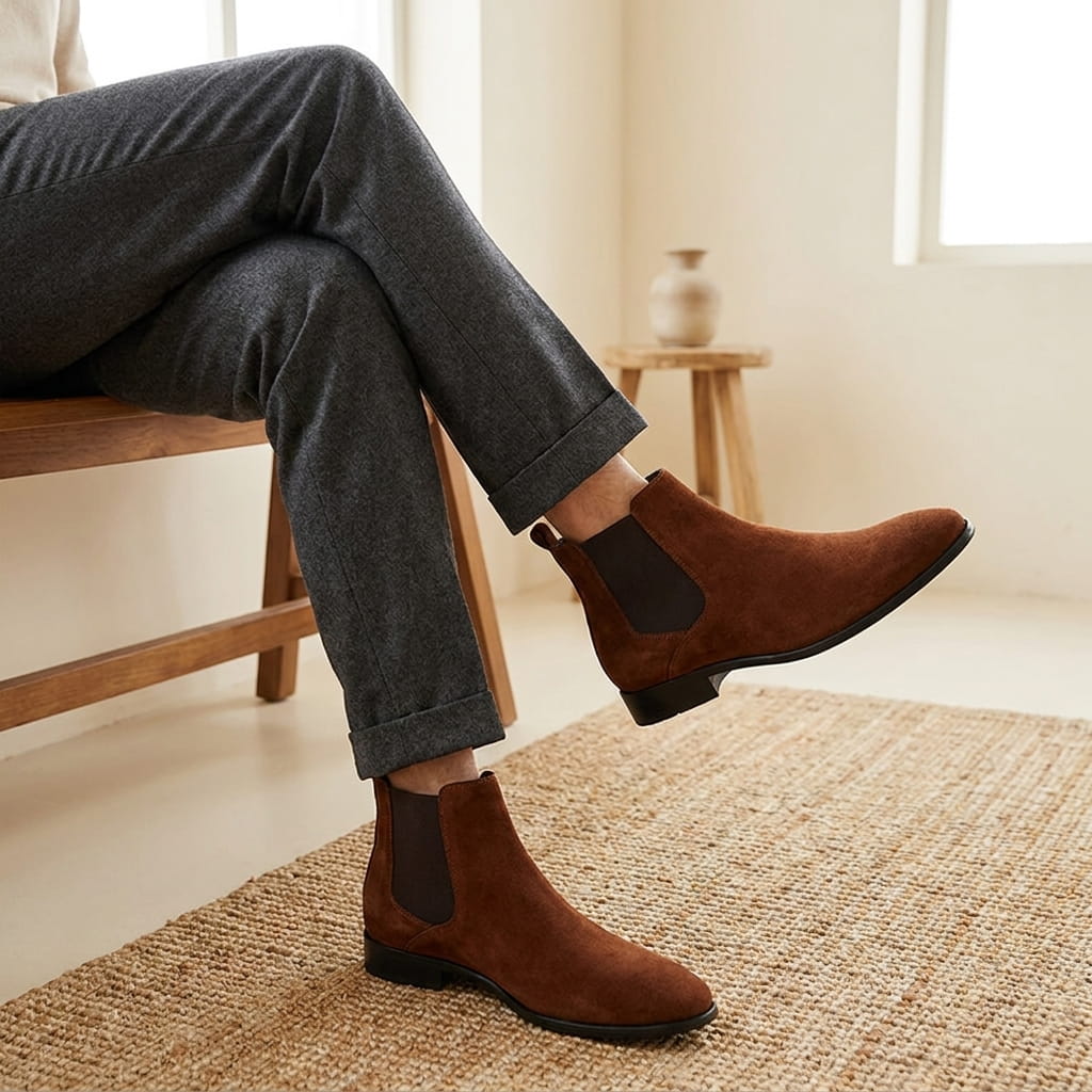 Close-up of a person wearing brown Chelsea boots while seated, showing the side profile and ankle fit.