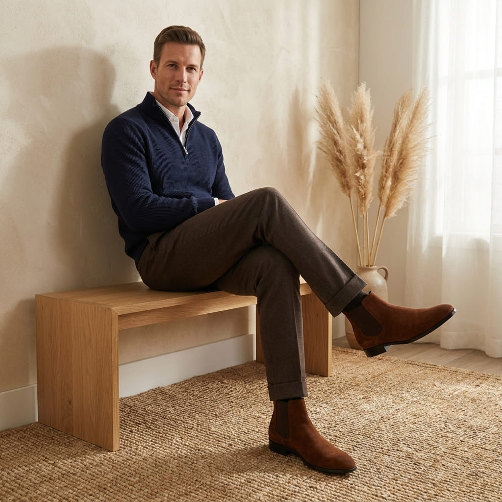 Man wearing brown Chelsea boots while seated indoors, highlighting the sleek silhouette and low heel.