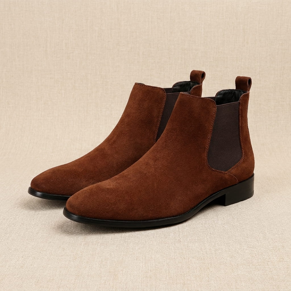Pair of brown suede Chelsea boots with elastic side panels, pull tabs, and low stacked heels.