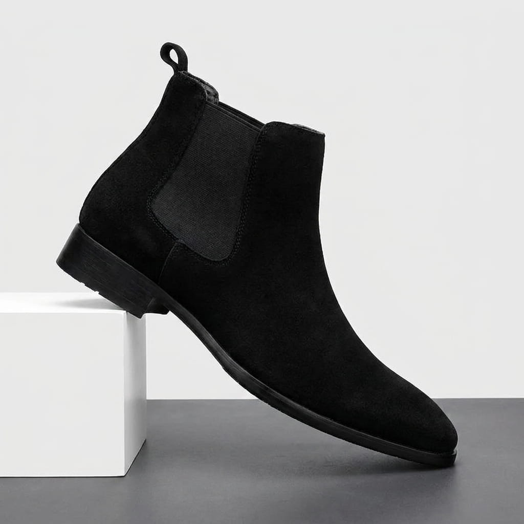 Single black Chelsea boot displayed on a white pedestal, featuring an elastic side panel, pull tab, and textured sole.