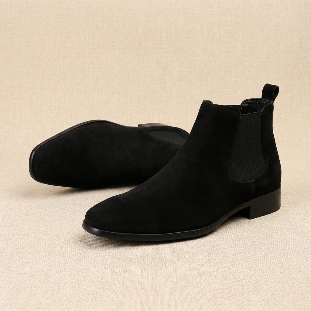 Pair of black Chelsea boots displayed together, showing the elastic side panels, pull tabs, and smooth finish.