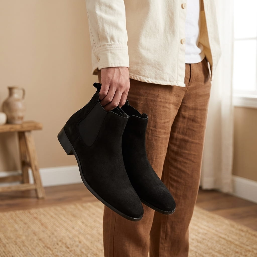 Person holding a pair of black Chelsea boots by the pull tabs indoors.
