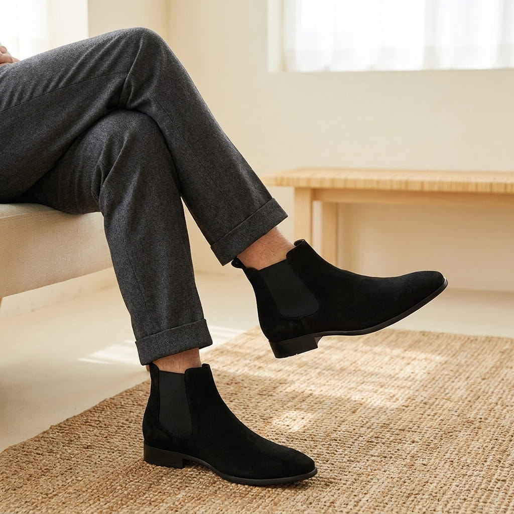 Close-up of a person wearing black Chelsea boots while seated, showing the side profile and sole.