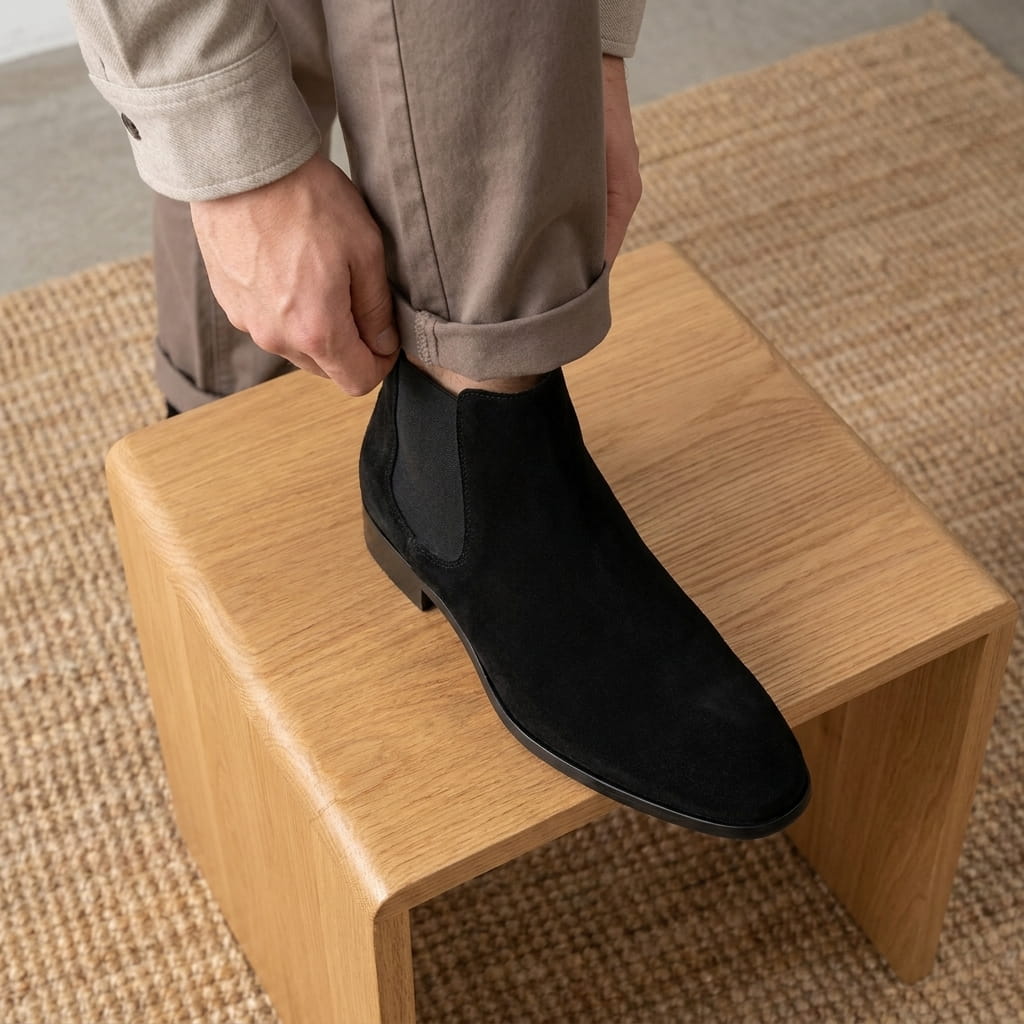 Person wearing black Chelsea boots while seated on a wooden stool indoors.