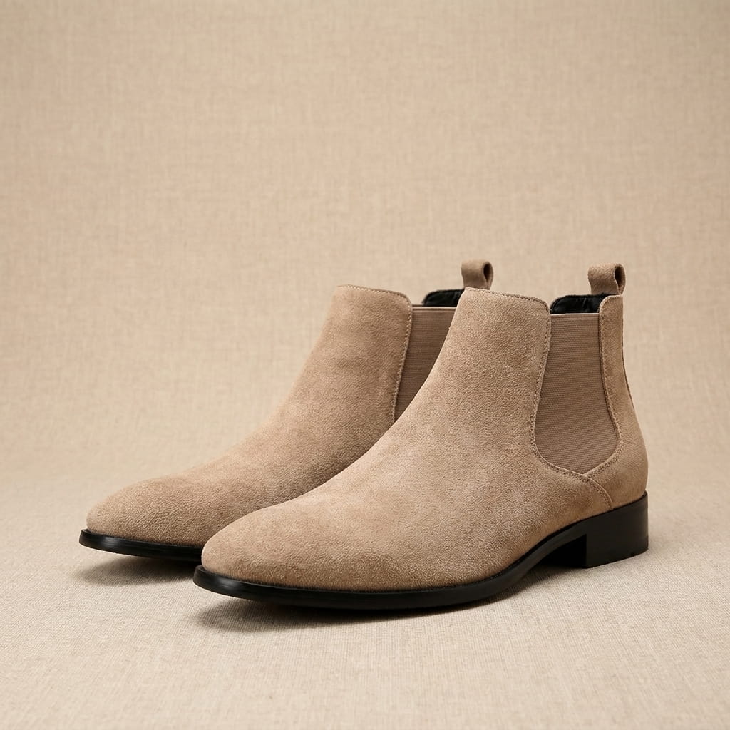 Pair of beige suede Chelsea boots displayed together, showing the elastic side panels and pull tabs.