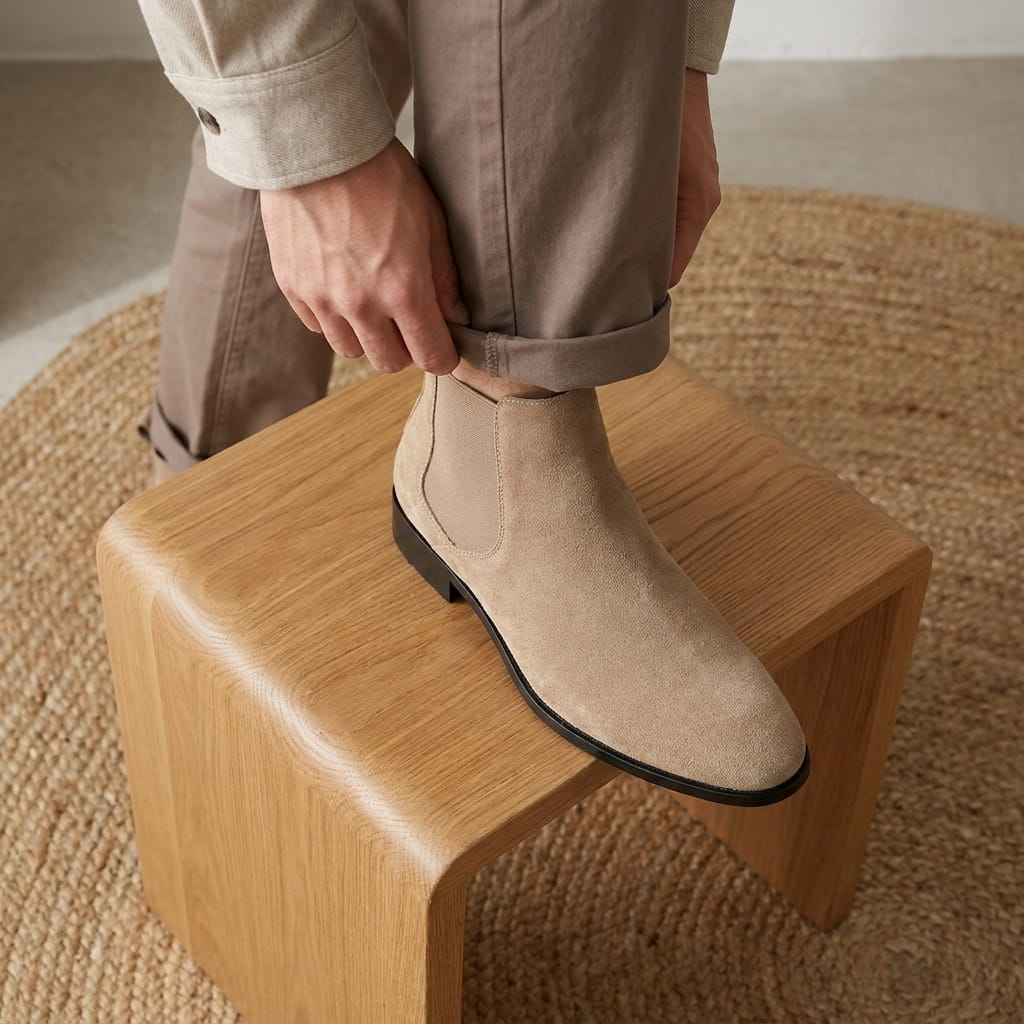 Person wearing a beige Chelsea boot while seated on a wooden stool indoors.