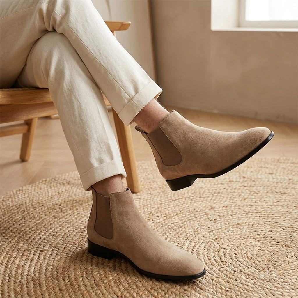Close-up of a person wearing beige suede Chelsea boots while seated, showing the side profile and ankle fit.