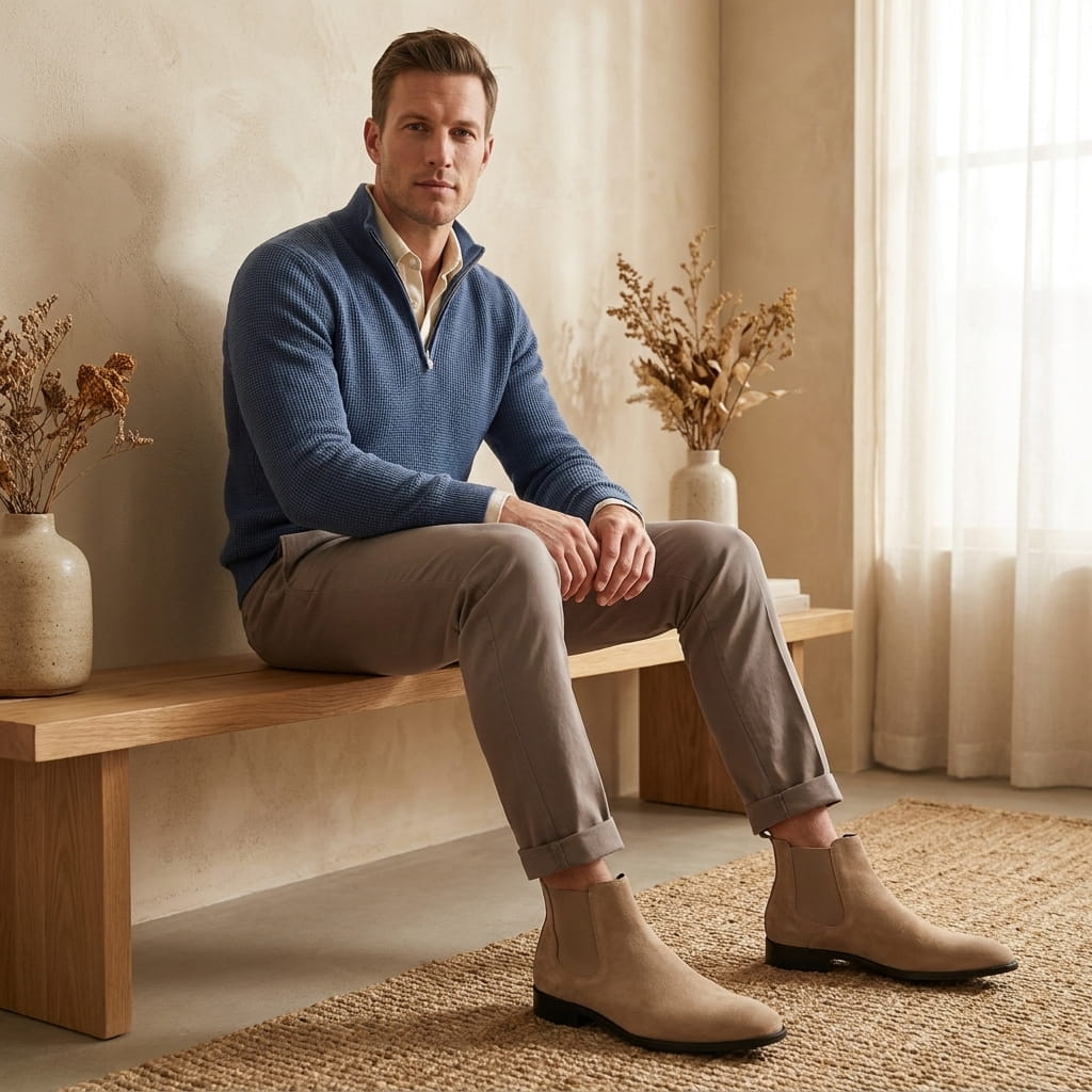 Man wearing beige Chelsea boots while seated indoors, showing the side profile and low heel.