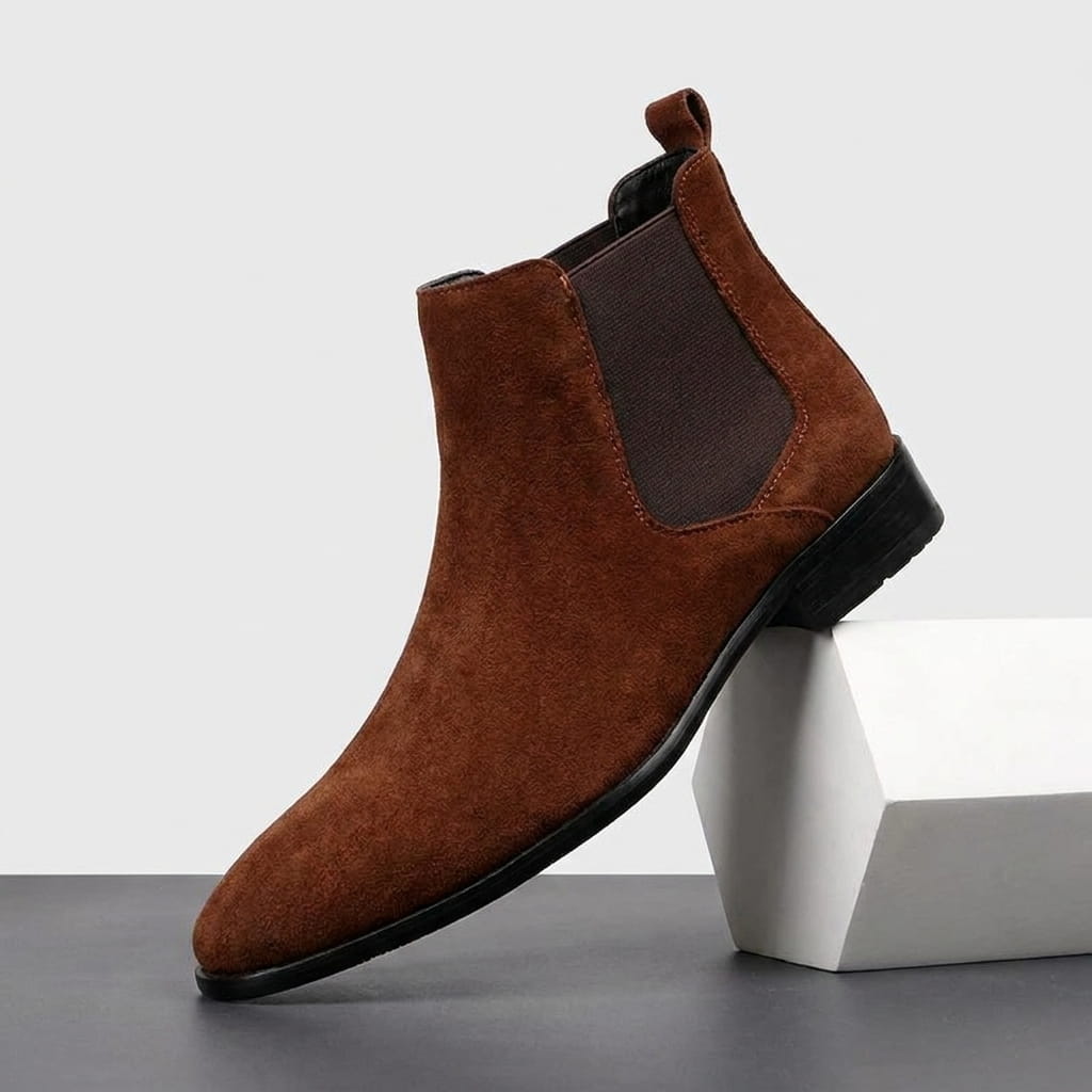 Brown suede Chelsea boot with a dark elastic side panel, rear pull tab, and low stacked heel.