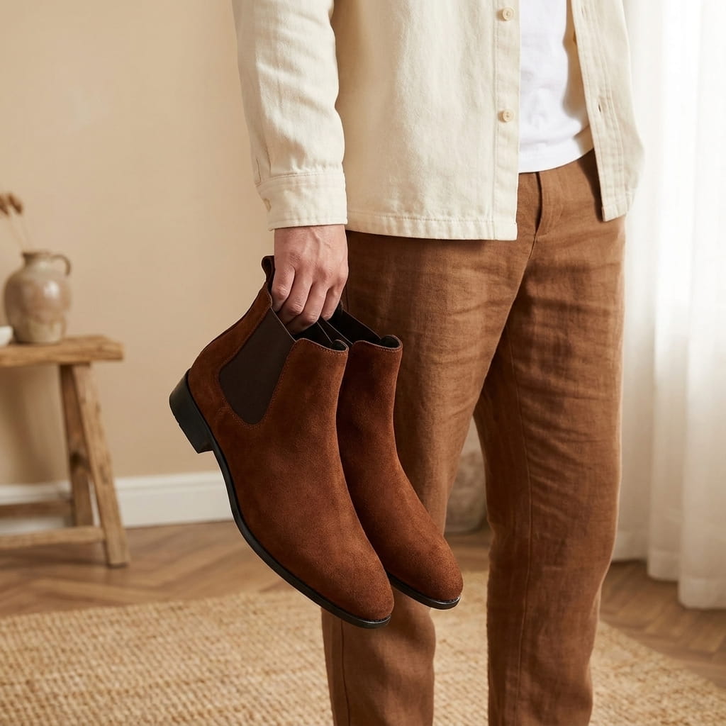 Person holding a pair of brown Chelsea boots indoors, showing the elastic panels and ankle design.