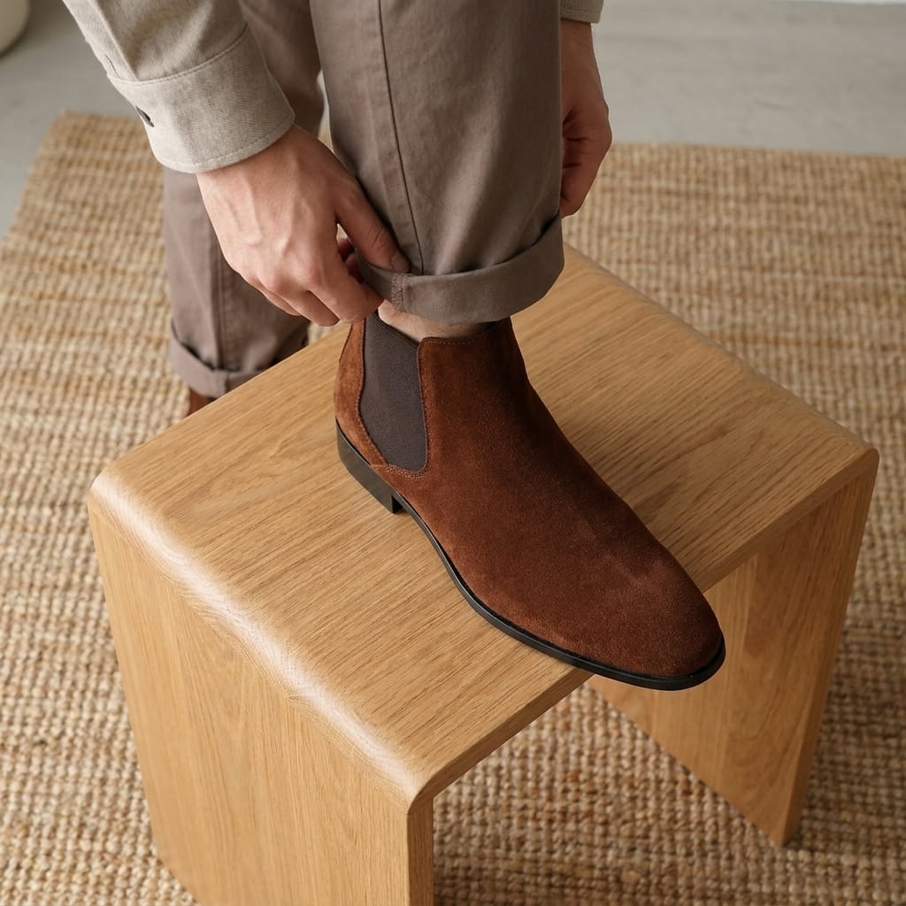 Close-up of a person wearing brown Chelsea boots while seated on a wooden stool.